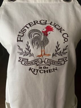 FUNNY APRON! Fustercluck Co. Embroidered Rooster Apron - White with Red & Gray